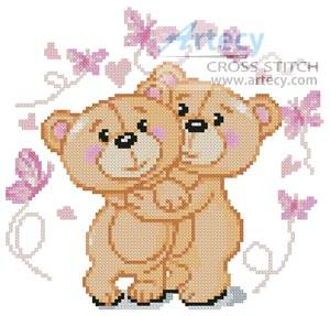 cross stitch pattern Mini Teddies in Love (Pink)