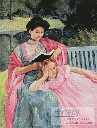 cross stitch pattern Auguste reading to her Daughter