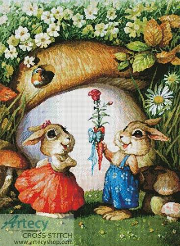 cross stitch pattern Rabbits and Carrot Rose