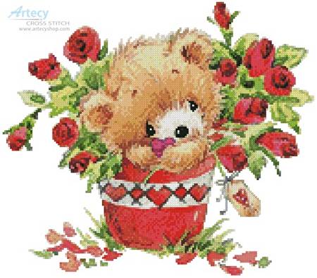 cross stitch pattern Teddy with Roses