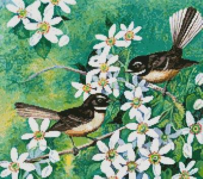 cross stitch pattern Mini Fantails and Clematis