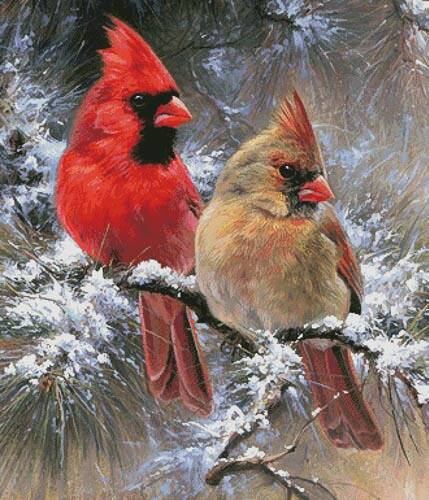 cross stitch pattern Cardinals in a Christmas Tree Large Crop
