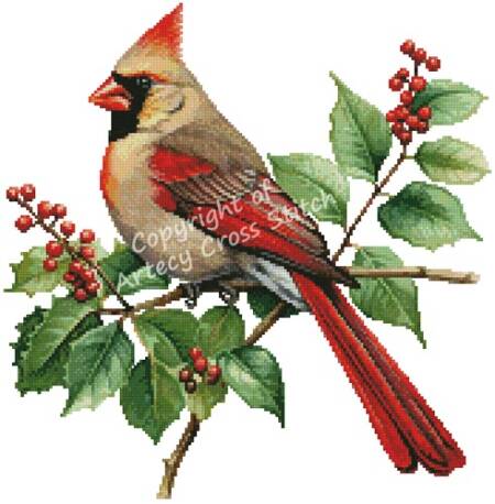 cross stitch pattern Female Cardinal and Holly