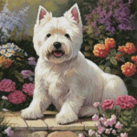 cross stitch pattern Mini West Highland Terrier in a Garden