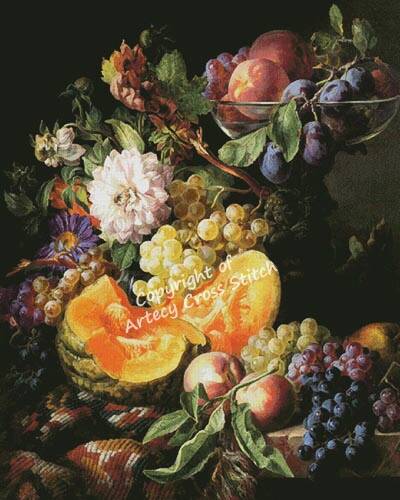 cross stitch pattern Peaches, Plums, Grapes and Melon (Large)