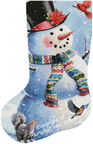 cross stitch pattern Snowman and Friends Stocking (Left)