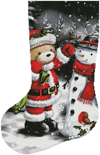 cross stitch pattern Teddy Santa with Snowman Stocking (Left)