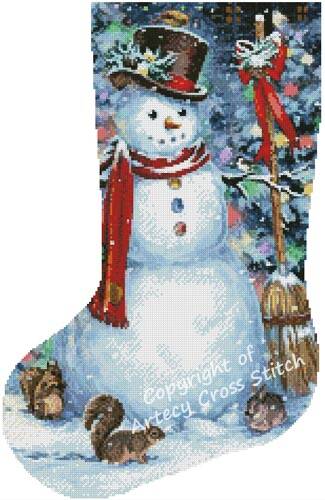 cross stitch pattern Woodland Snowman Stocking (Left)
