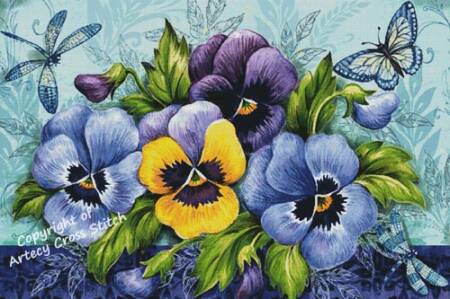 cross stitch pattern Blue Purple and Yellow Pansies (Large)