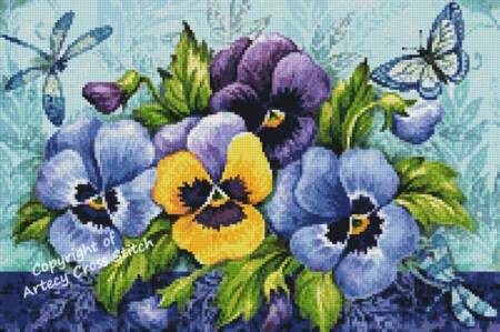 cross stitch pattern Mini Blue Purple and Yellow Pansies