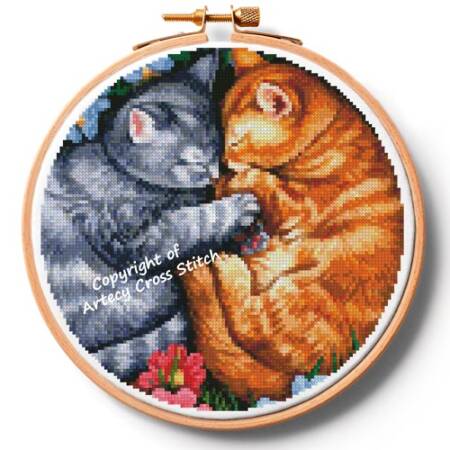 cross stitch pattern Sleeping Kittens in Flowers Hoop(Medium)