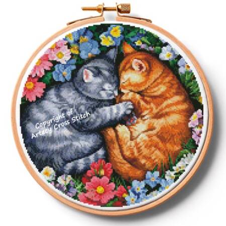 cross stitch pattern Sleeping Kittens in Flowers Hoop (XLrg)