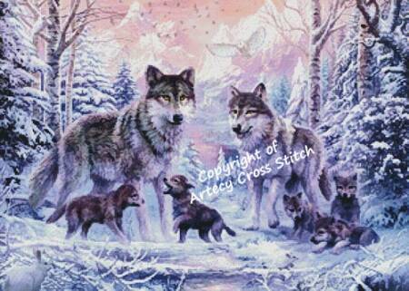 cross stitch pattern Winter Wolf Family