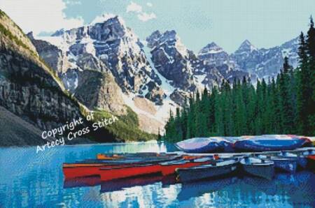 cross stitch pattern Boats on Moraine Lake, Canada