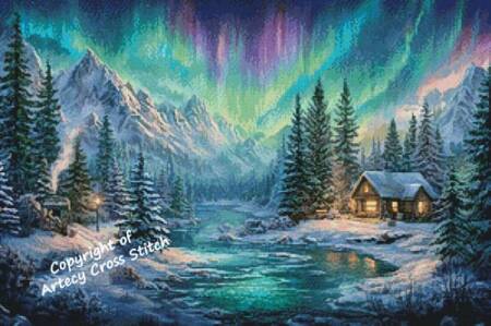 cross stitch pattern Cabin Under The Northern Lights