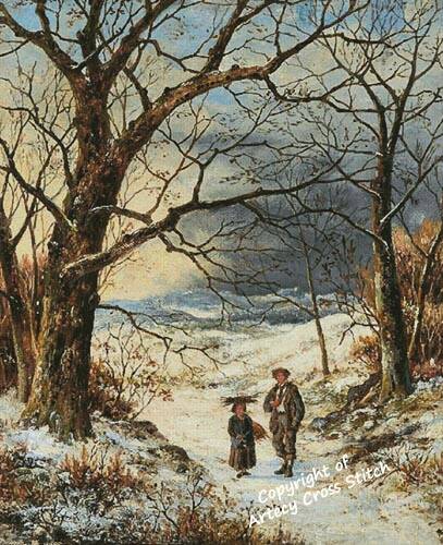 cross stitch pattern WinterWoodlandSceneWith FatherChild Lrg