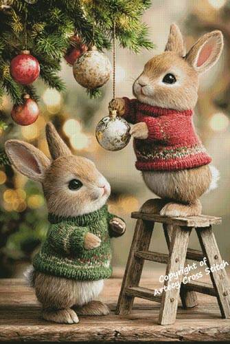 cross stitch pattern Bunnies Decorating Tree (Large)