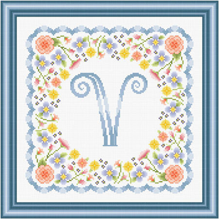 cross stitch pattern Monogram in Flowers - V