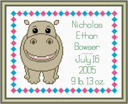 cross stitch pattern Baby Cartoon Hippo Birth Record