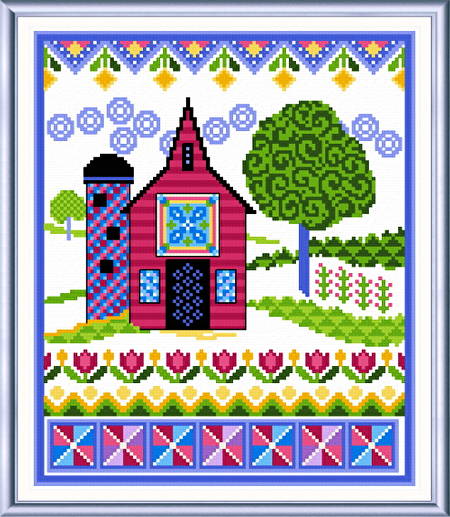 cross stitch pattern Spring Barn with Quilts