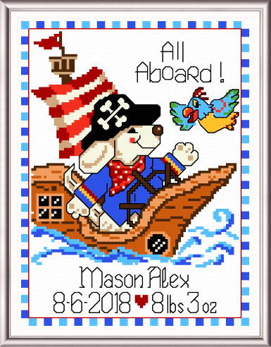 cross stitch pattern Mason the Pirate Birth Record