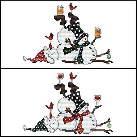 cross stitch pattern Tipsy Snowmen (wine and beer)