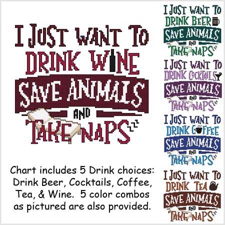 cross stitch pattern I Just Want To Drink SAVE ANIMALS Nap