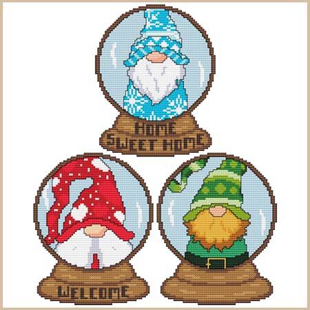 cross stitch pattern Monthly Gnome Snow Globes -Jan Feb March