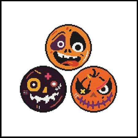 cross stitch pattern Halloween Round Faces Trio