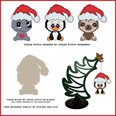 cross stitch pattern Santa Hat Trio - Penguin Seal Sloth
