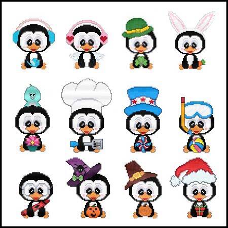 cross stitch pattern Monthly Little Penguins Combo